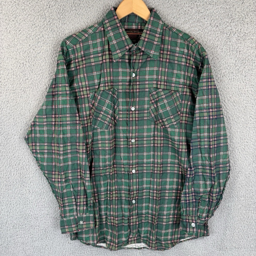 Vintage 70s Montgomery Ward Flannel Shirt Mens Large Green Plaid Work